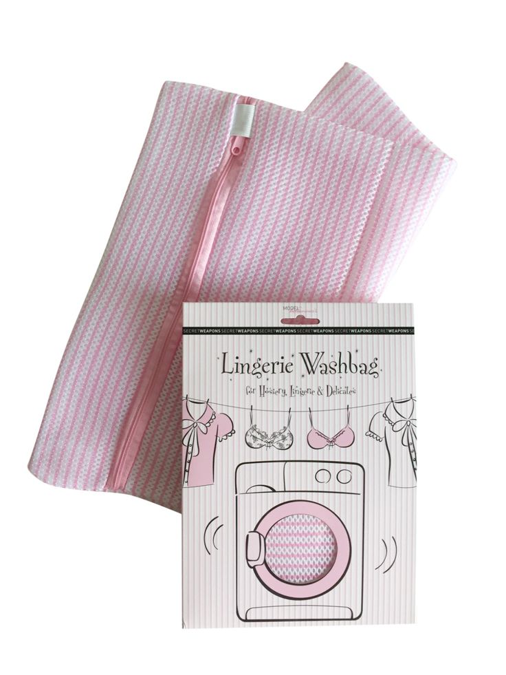 Washbag with pink stripes lies next to packaging. Packaging text reads: "Lingerie Washbag for Hosiery, Lingerie & Delicates" with drawings of clothes and a washing machine.