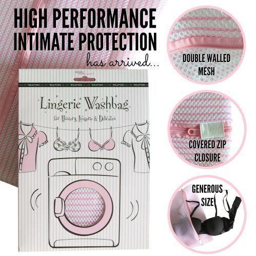 Lingerie washbag packaging features illustrations of a washing machine and bras, highlighting "HIGH PERFORMANCE INTIMATE PROTECTION." Highlights include "DOUBLE WALLED MESH," "COVERED ZIP CLOSURE," and "GENEROUS SIZE." Text: "Lingerie Washbag for Hosiery, Lingerie & Delicates."