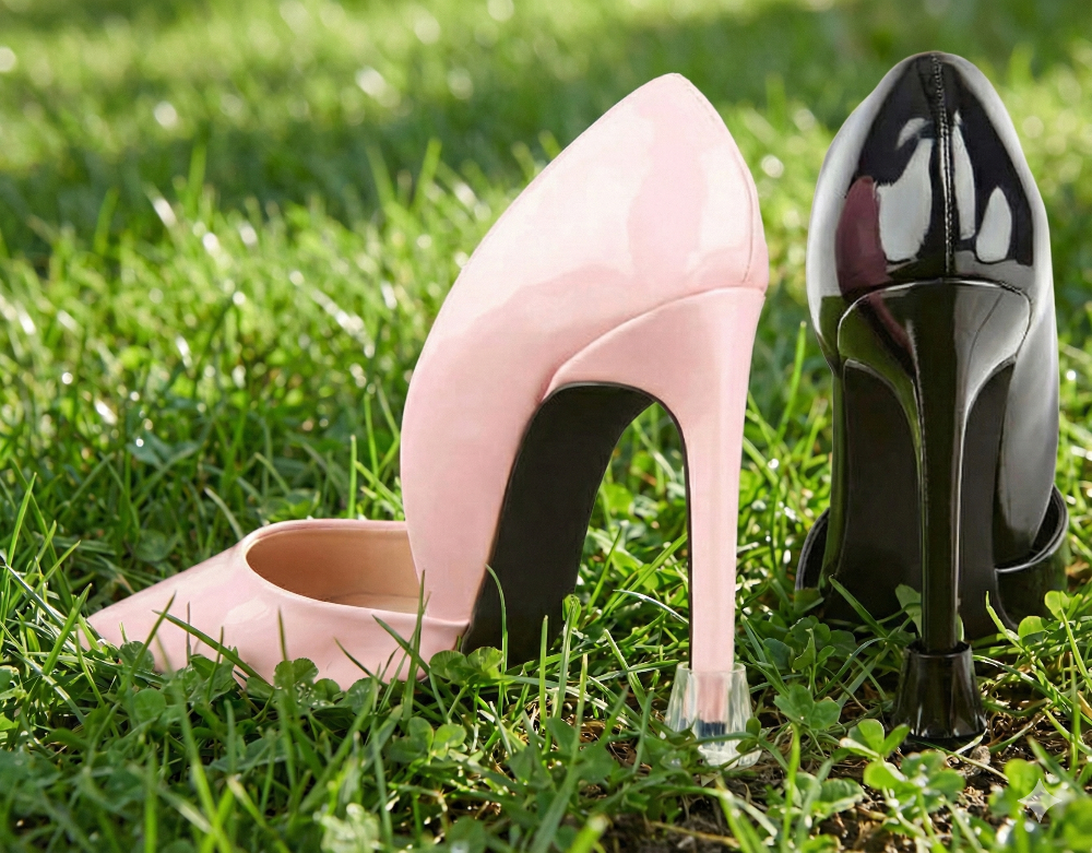 pink and black high heel shoes with heel protectors to stop marking wooden floors due to high heels