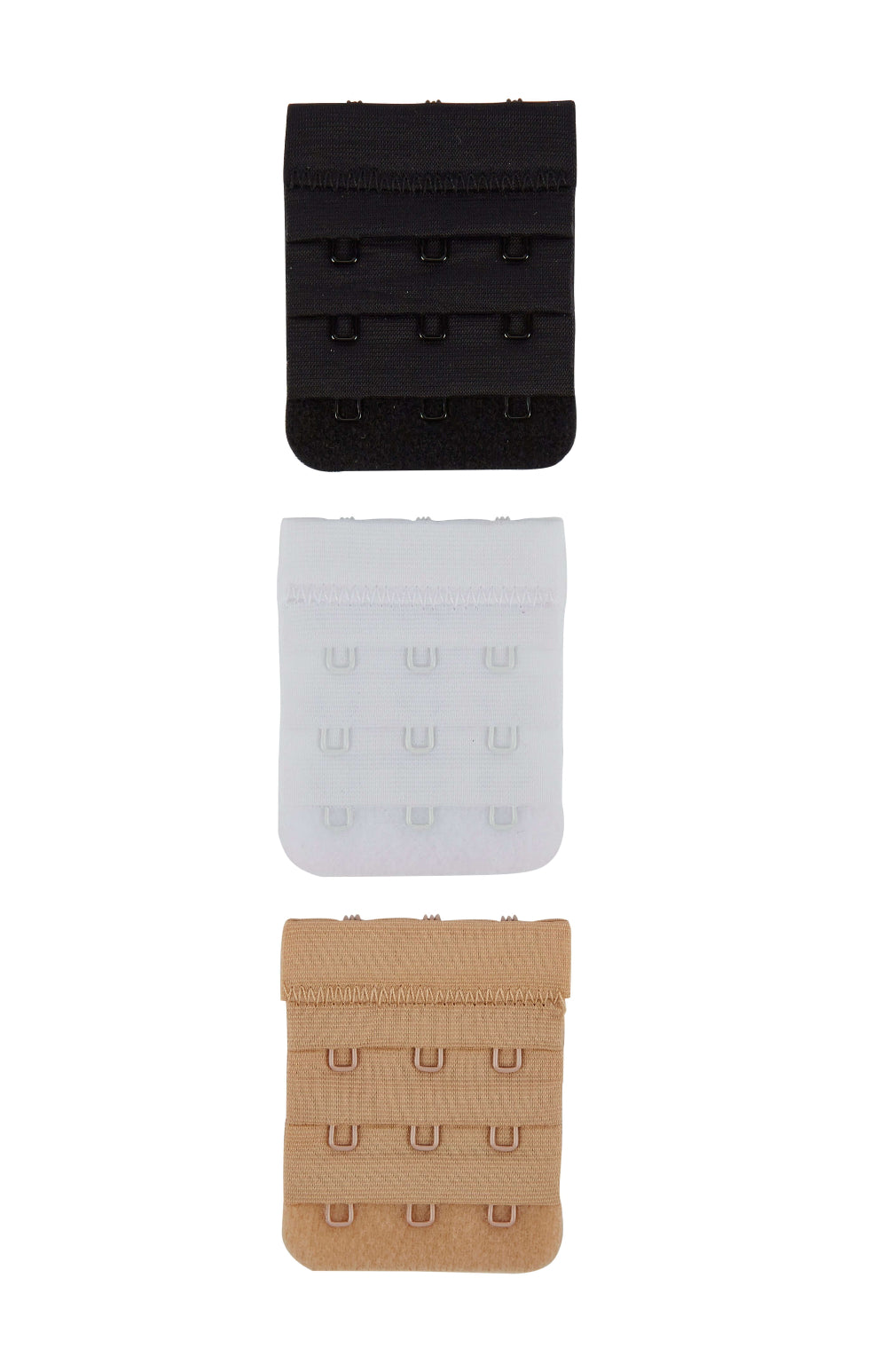 3 hook bra extender in nude/beige, black and white on a white background