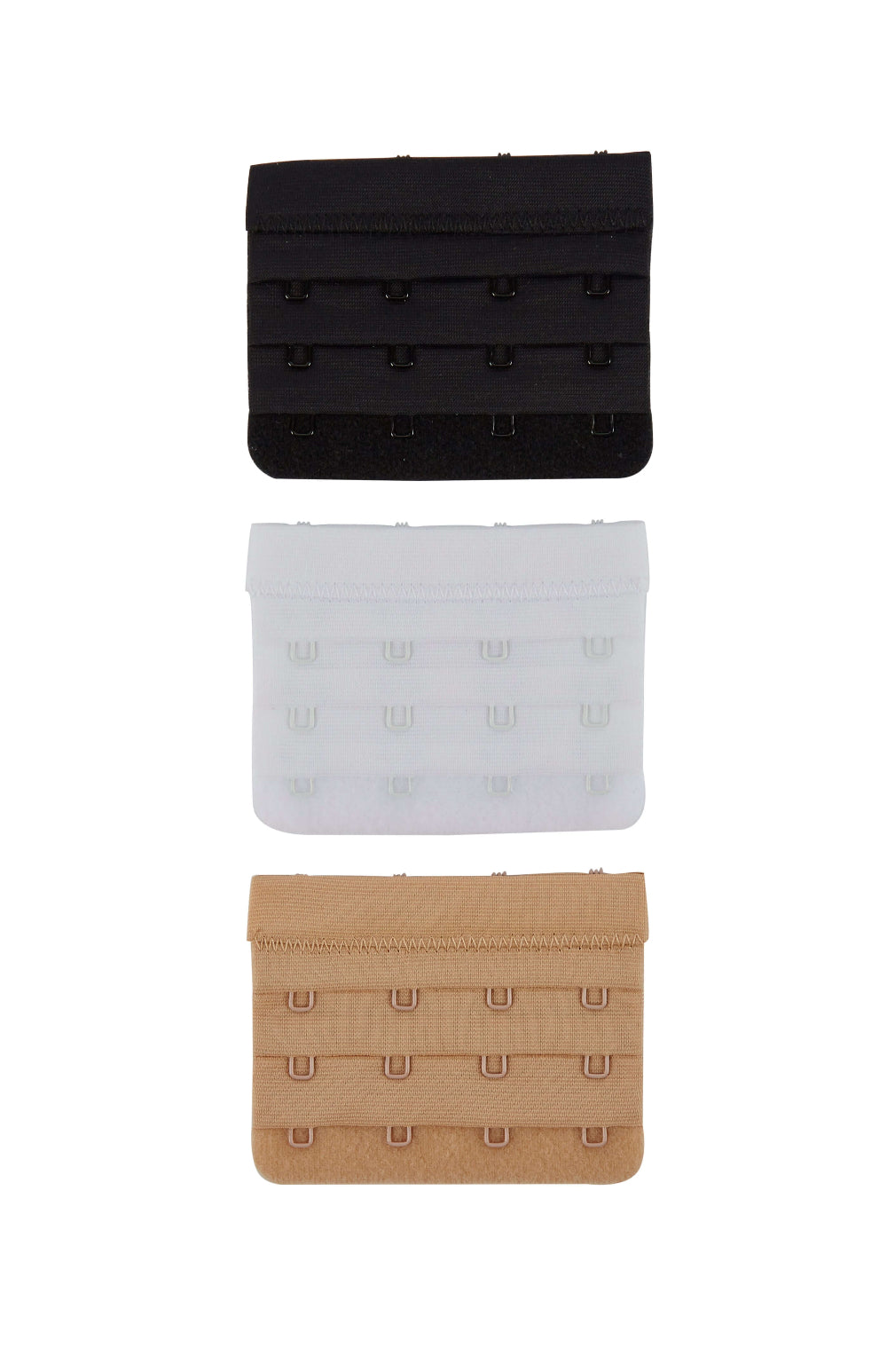 4 hook bra extender showing the 3 colours - nude/beige, black and white on a white background