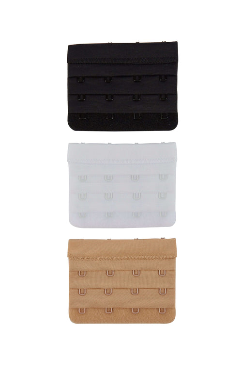 4 hook bra extender showing the 3 colours - nude/beige, black and white on a white background