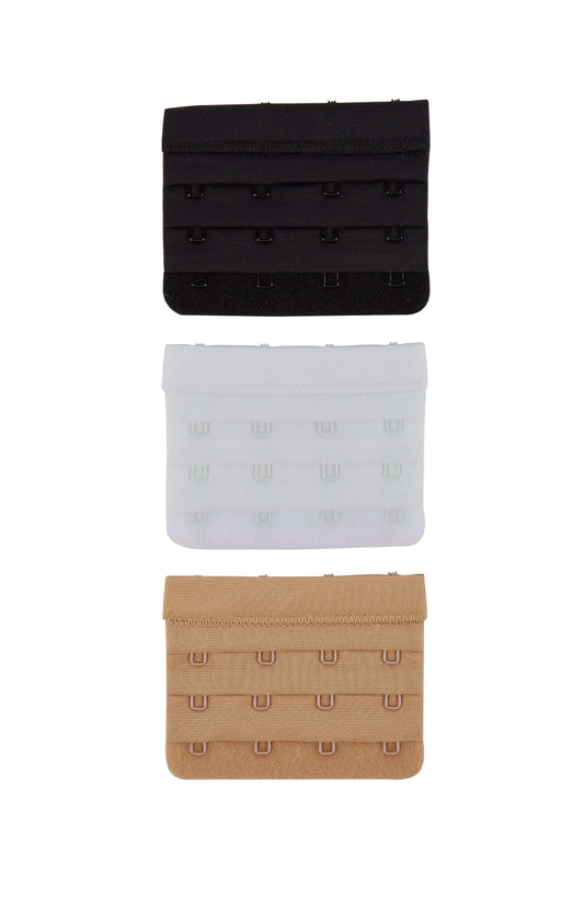 4 hook bra extender showing the 3 colours - nude/beige, black and white on a white background