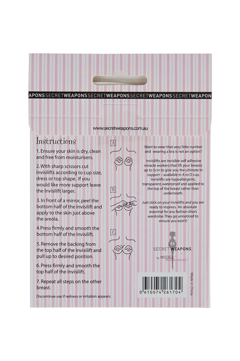 the back side of the invisilifts invisible boob tape packaging from secret weapons showing the instructions on application and usage on a white background 
