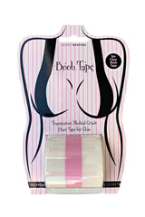 Clear duct tape roll, labeled "Boob Tape" by Secret Weapons, resting in a pink and white striped package. Features text: "Transparent Medical Grade Duct Tape for Skin" and "5m Clear Boob Tape."