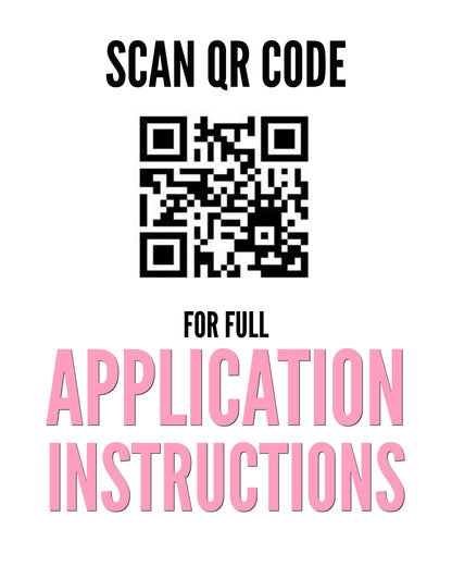 A black QR code centered with text above and below. Text: "SCAN QR CODE FOR FULL APPLICATION INSTRUCTIONS" with "APPLICATION INSTRUCTIONS" in large pink font.