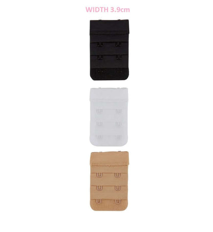 2 hook bra extender in all 3 colours nude,beige,black and white with pink print demonstrating the 2 hook bra extender width of 3.9cm on a white background