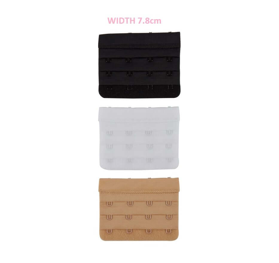 Single Bra Extender in 4 hook - all 3 colours nude/beige,black and white on a white background with 7.8cm width demonstrated in print