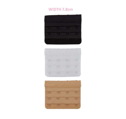 Single Bra Extender in 4 hook - all 3 colours nude/beige,black and white on a white background with 7.8cm width demonstrated in print