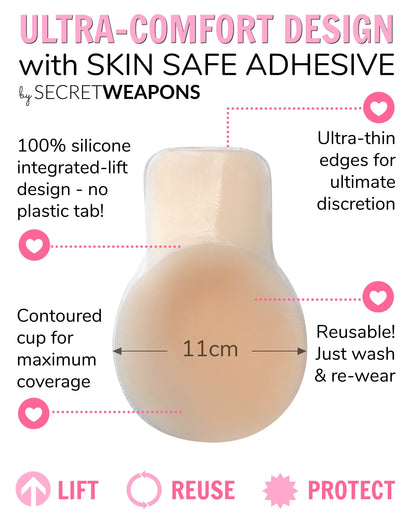 Silicone adhesive cup enhances breast lift with ultra-thin edges for discreet wear, measuring 11cm. It's reusable, contoured for coverage, and designed by Secret Weapons. Text highlights skin-safe adhesive and features.