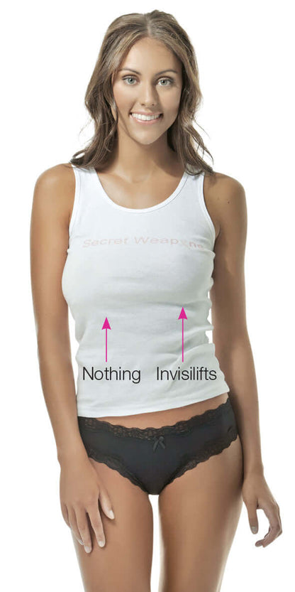a woman wearing Invisible Boob Tape - Invisilifts from secret weapons, demonstrating the difference between wearing and not wearing boob tape, showing enhanced lift, shape, and support on a white background