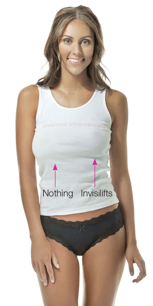 a woman wearing Invisible Boob Tape - Invisilifts from secret weapons, demonstrating the difference between wearing and not wearing boob tape, showing enhanced lift, shape, and support on a white background
