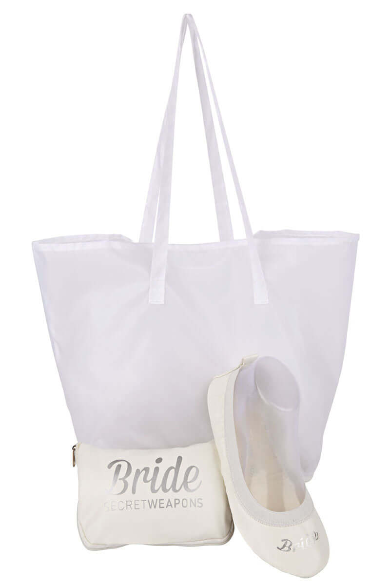 A bundle of White Bridal Fold Up Ballet Flats with tote bag and carry pouch ona white background