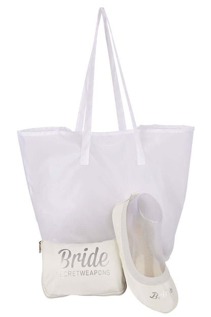 A bundle of White Bridal Fold Up Ballet Flats with tote bag and carry pouch ona white background
