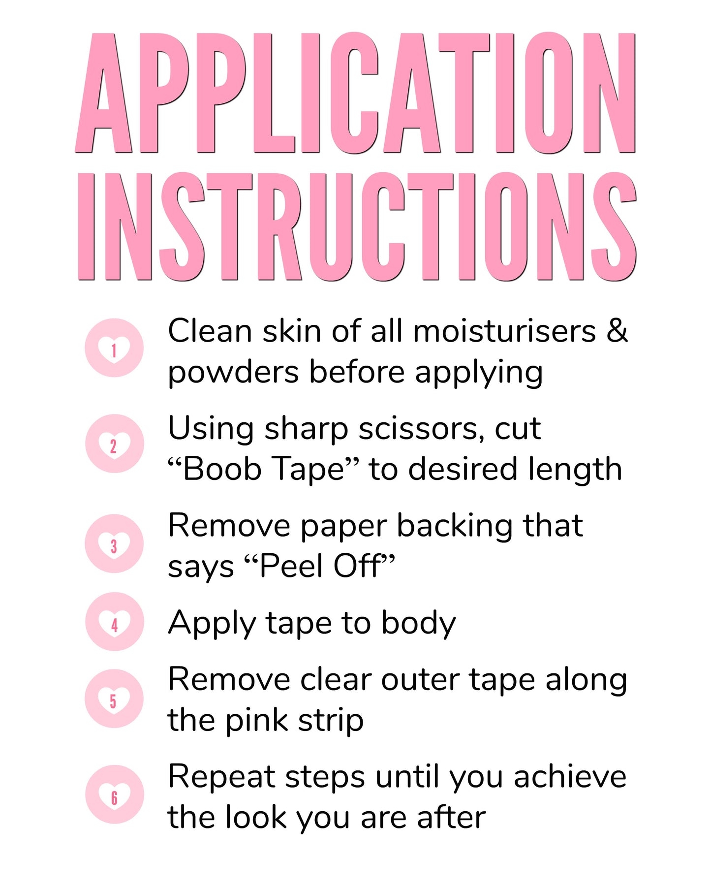 Text instructions detail the application of "Boob Tape." Steps include cleaning skin, cutting tape, peeling backing, applying tape, removing outer strip, and repeating until achieving desired look.