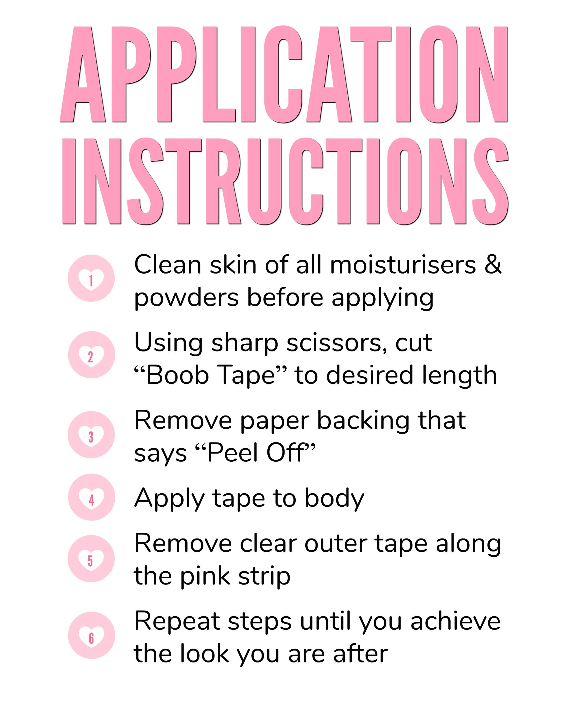 Text instructions detail the application of "Boob Tape." Steps include cleaning skin, cutting tape, peeling backing, applying tape, removing outer strip, and repeating until achieving desired look.