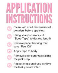 Text instructions detail the application of "Boob Tape." Steps include cleaning skin, cutting tape, peeling backing, applying tape, removing outer strip, and repeating until achieving desired look.