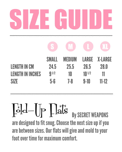 Foldable Ballet Flat shoes size range guide with the size and length of small, medium, large and extra large in centimetres and inches.