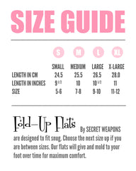 Foldable Ballet Flat shoes size range guide with the size and length of small, medium, large and extra large in centimetres and inches.