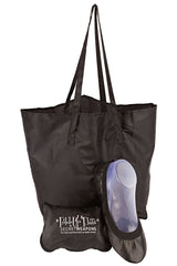 Foldable ballet flat shoes, a carry purse with ballet flat shoes inside and a black carry bag on a white background.