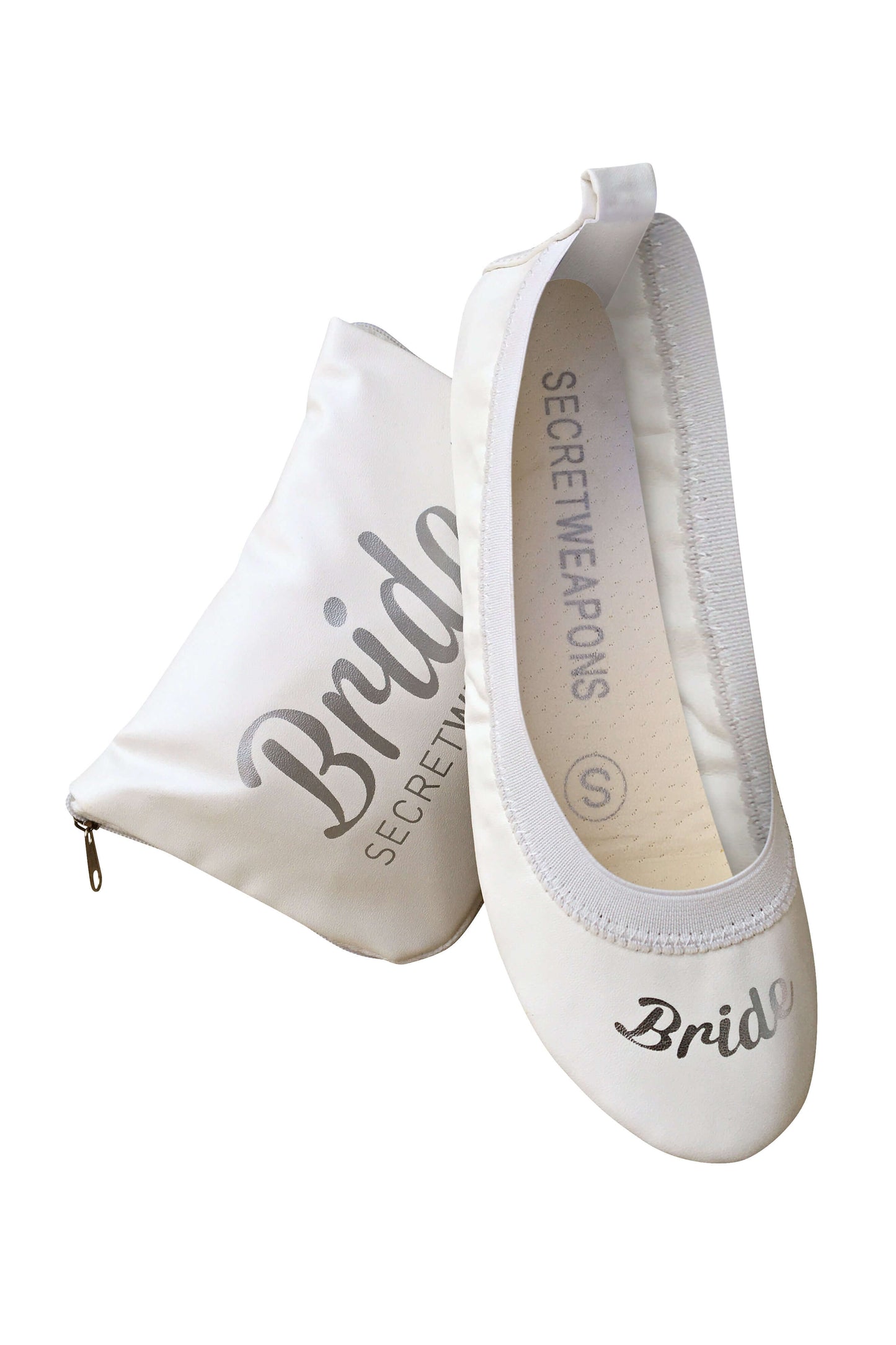 White Foldable Ballet Flat shoes with a “Bride” logo emblem in front of a white carry purse.