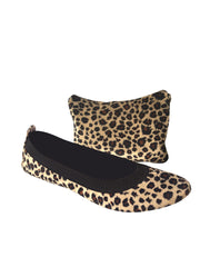 Leopard colour foldable ballets flat shoes sitting in front of the carry purse against a white background.