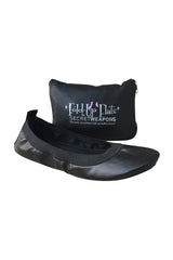 A pair of black Foldable Ballet Flats with a purse carrying the fold up shoes against a white background 