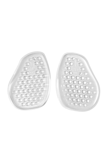 Two transparent gel insoles with textured surfaces, placed side by side on a plain white background, feature small, raised bumps for cushioning.
