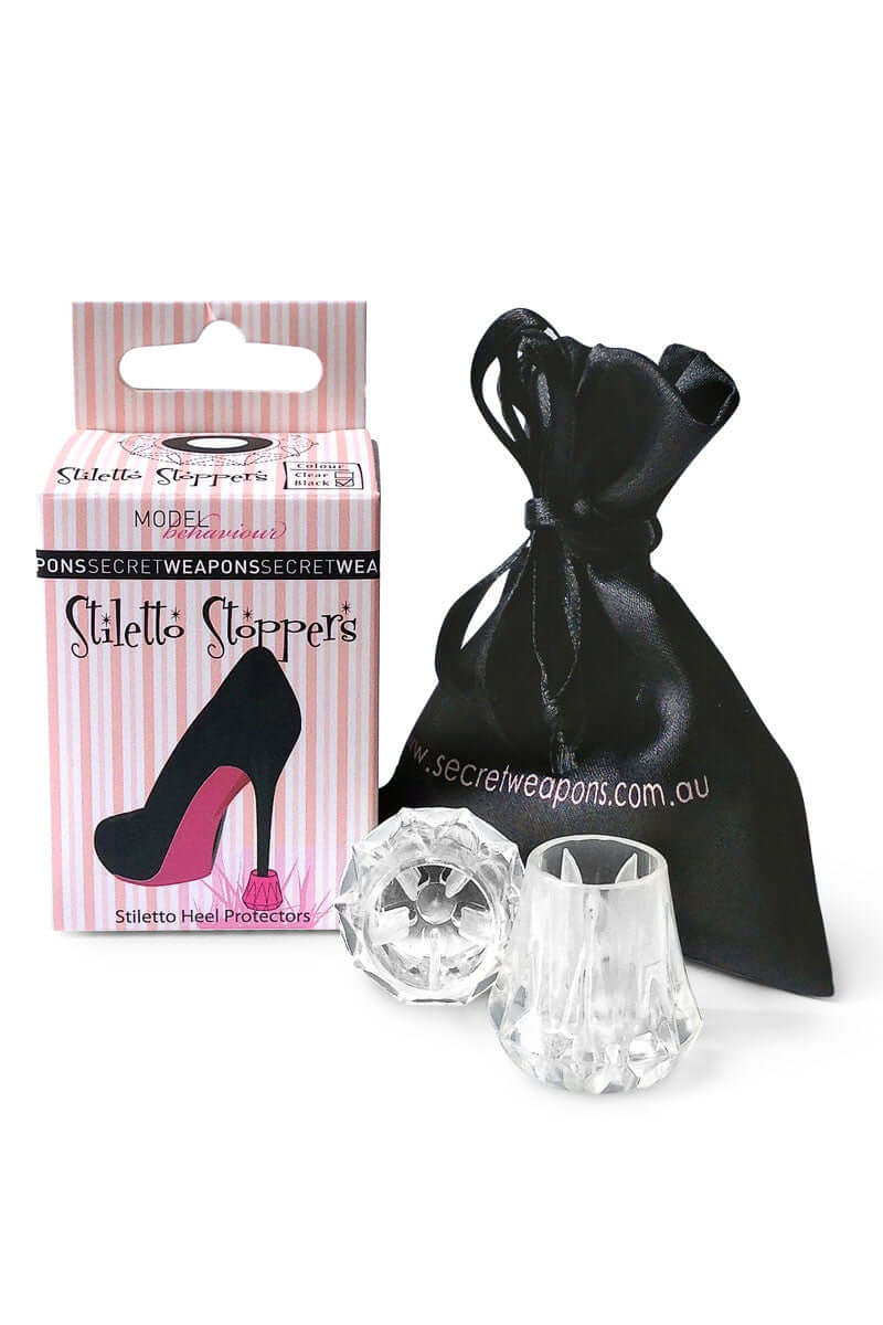 a bundle of heel protectors with carry bag, a pair of transparent heel protectors and secret weapons branded retail box 