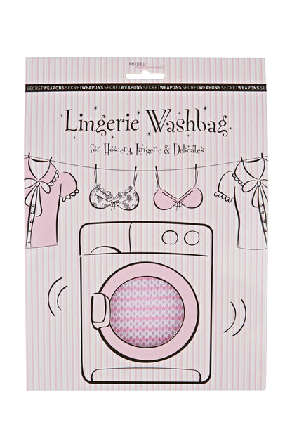 A packaging illustration features clothes and a washing machine. Text: "MODEL mannequin, SECRET WEAPONS, Lingerie Washbag for Hosiery, Lingerie & Delicates." Pink striped background with hanging garments.