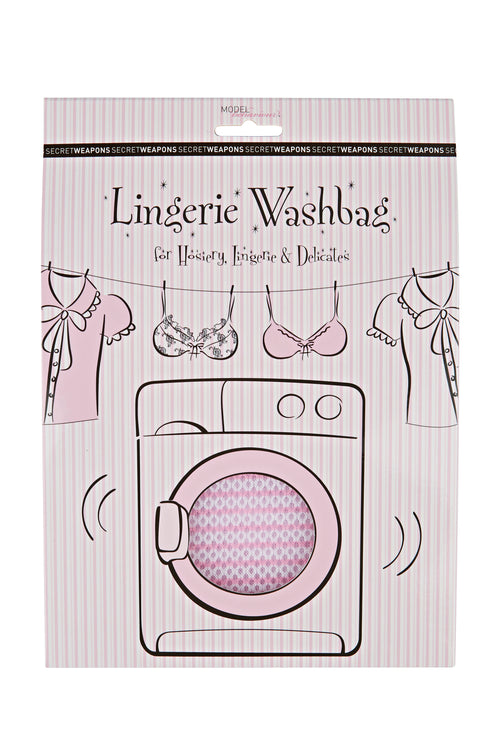A packaging illustration features clothes and a washing machine. Text: "MODEL mannequin, SECRET WEAPONS, Lingerie Washbag for Hosiery, Lingerie & Delicates." Pink striped background with hanging garments.