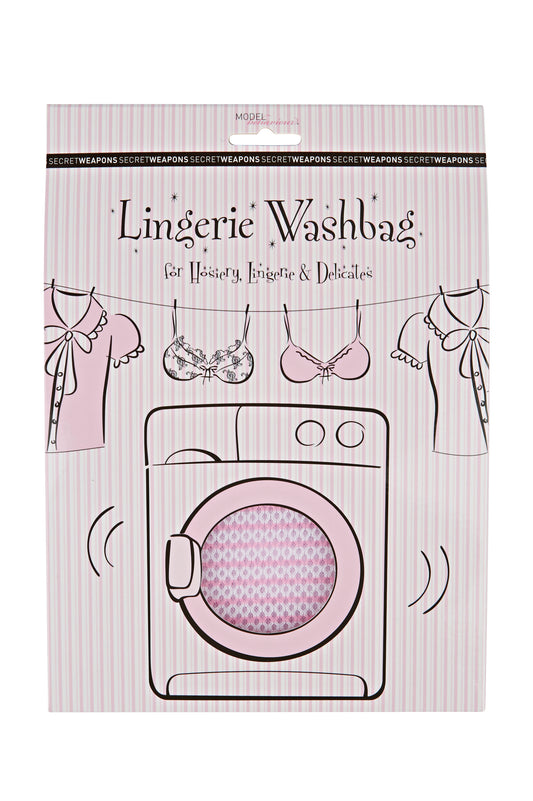 A packaging illustration features clothes and a washing machine. Text: "MODEL mannequin, SECRET WEAPONS, Lingerie Washbag for Hosiery, Lingerie & Delicates." Pink striped background with hanging garments.