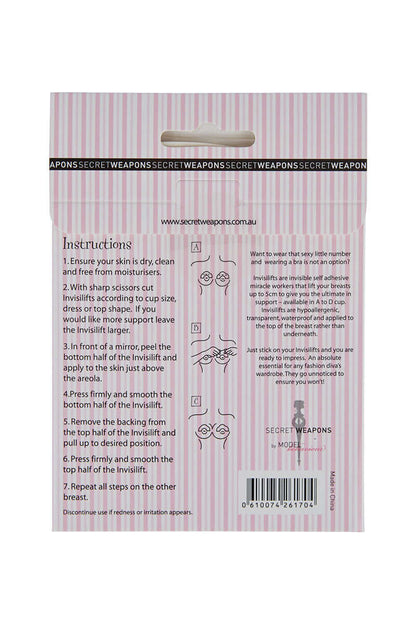 the back side of the invisilifts invisible boob tape packaging from secret weapons showing the instructions on application and usage on a white background 
