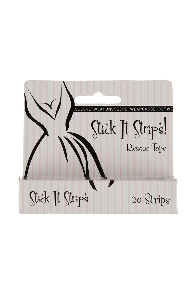 Box of "Stick It Strips" Rescue Tape, displaying decorative black graphics and text: "SECRETTWEAPONSSECRETTWEAPONS," and "20 Strips," on a pink and white striped background.