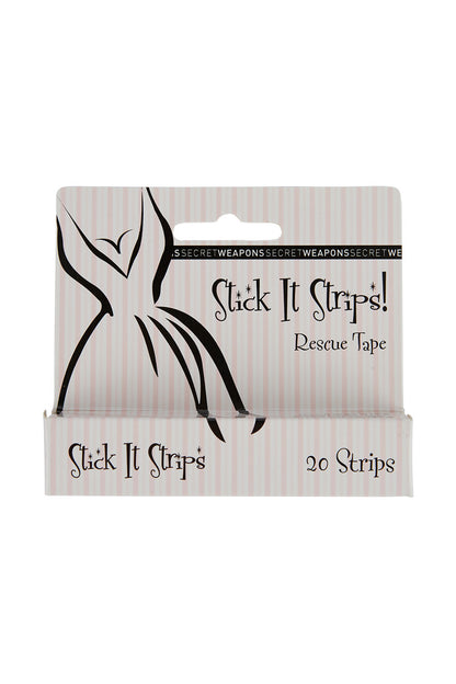 Box of "Stick It Strips" Rescue Tape, displaying decorative black graphics and text: "SECRETTWEAPONSSECRETTWEAPONS," and "20 Strips," on a pink and white striped background.