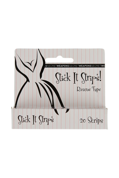 Box of "Stick It Strips" Rescue Tape, displaying decorative black graphics and text: "SECRETTWEAPONSSECRETTWEAPONS," and "20 Strips," on a pink and white striped background.