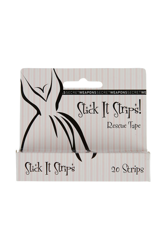 Box of "Stick It Strips" Rescue Tape, displaying decorative black graphics and text: "SECRETTWEAPONSSECRETTWEAPONS," and "20 Strips," on a pink and white striped background.