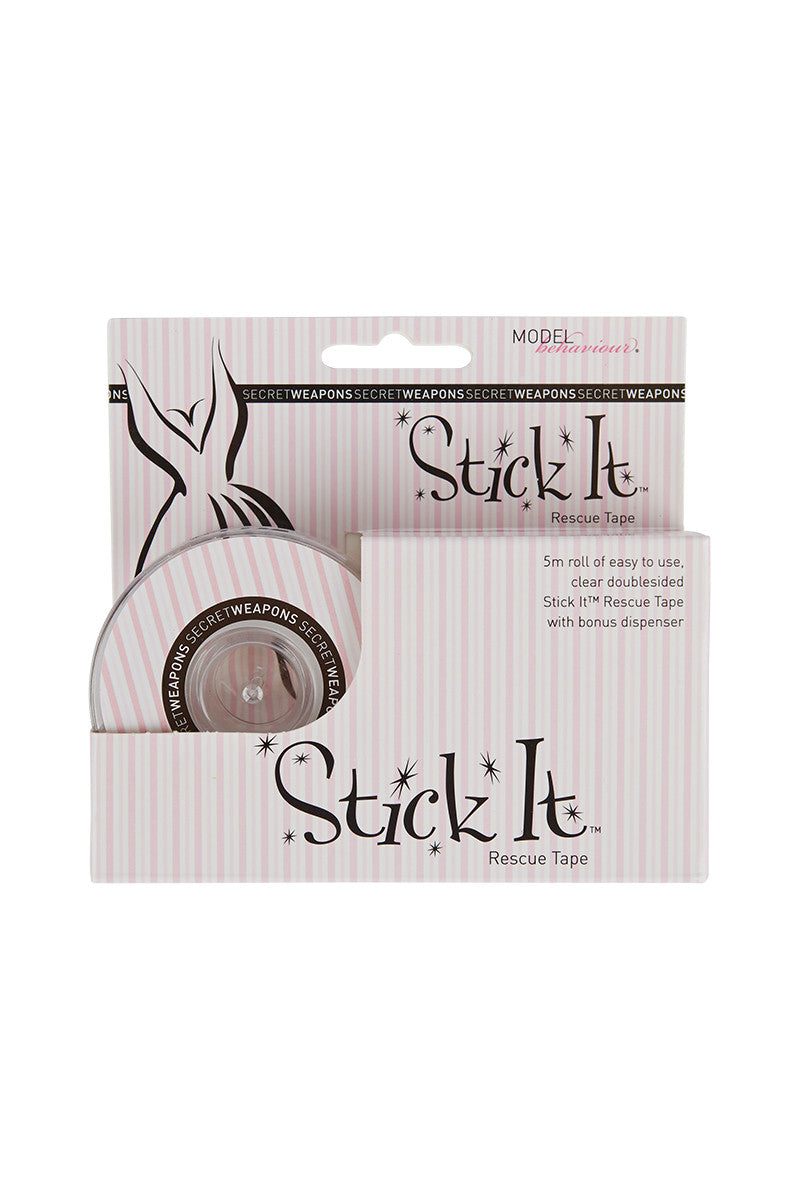 Packaged pink-striped double-sided tape labeled "Stick It Rescue Tape," featuring text: "5m roll of easy to use, clear doublesided Stick It Rescue Tape with bonus dispenser." Background elements include an illustration and repeated "SECRET WEAPONS" text.