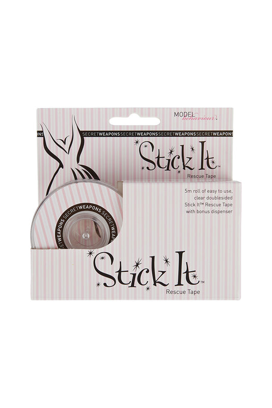 Packaged pink-striped double-sided tape labeled "Stick It Rescue Tape," featuring text: "5m roll of easy to use, clear doublesided Stick It Rescue Tape with bonus dispenser." Background elements include an illustration and repeated "SECRET WEAPONS" text.