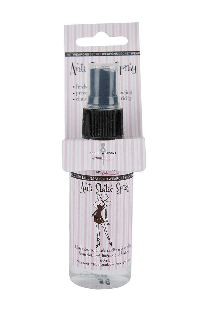 Spray bottle labeled "Anti Static Spray" eliminates static and wrinkles in clothing. Text: "Secret Weapons by MODELinterational," "freshens, prevents clinging, eliminates static electricity," "60mL," "Non-toxic," "Biodegradable," "Allergen Free." Pink striped packaging.