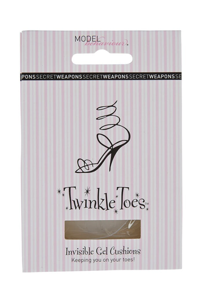 Package of "Twinkle Toes" invisible gel cushions with a high-heeled shoe illustration, featuring text: "MODEL behaviour", "SECRET WEAPONS" and "Keeping you on your toes!" against a pink striped background.