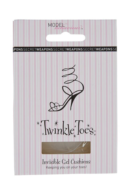 Package of "Twinkle Toes" invisible gel cushions with a high-heeled shoe illustration, featuring text: "MODEL behaviour", "SECRET WEAPONS" and "Keeping you on your toes!" against a pink striped background.