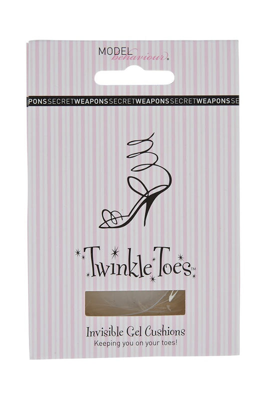 Package of "Twinkle Toes" invisible gel cushions with a high-heeled shoe illustration, featuring text: "MODEL behaviour", "SECRET WEAPONS" and "Keeping you on your toes!" against a pink striped background.