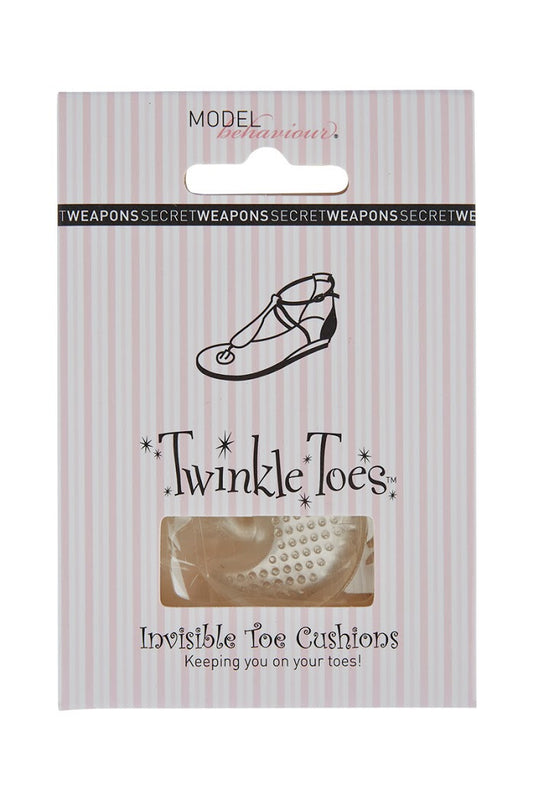 Packaging for "Twinkle Toes Invisible Toe Cushions," featuring a sandal illustration and text: "MODEL behaviour," "SECRET WEAPONS," and "Keeping you on your toes!" against a striped background.