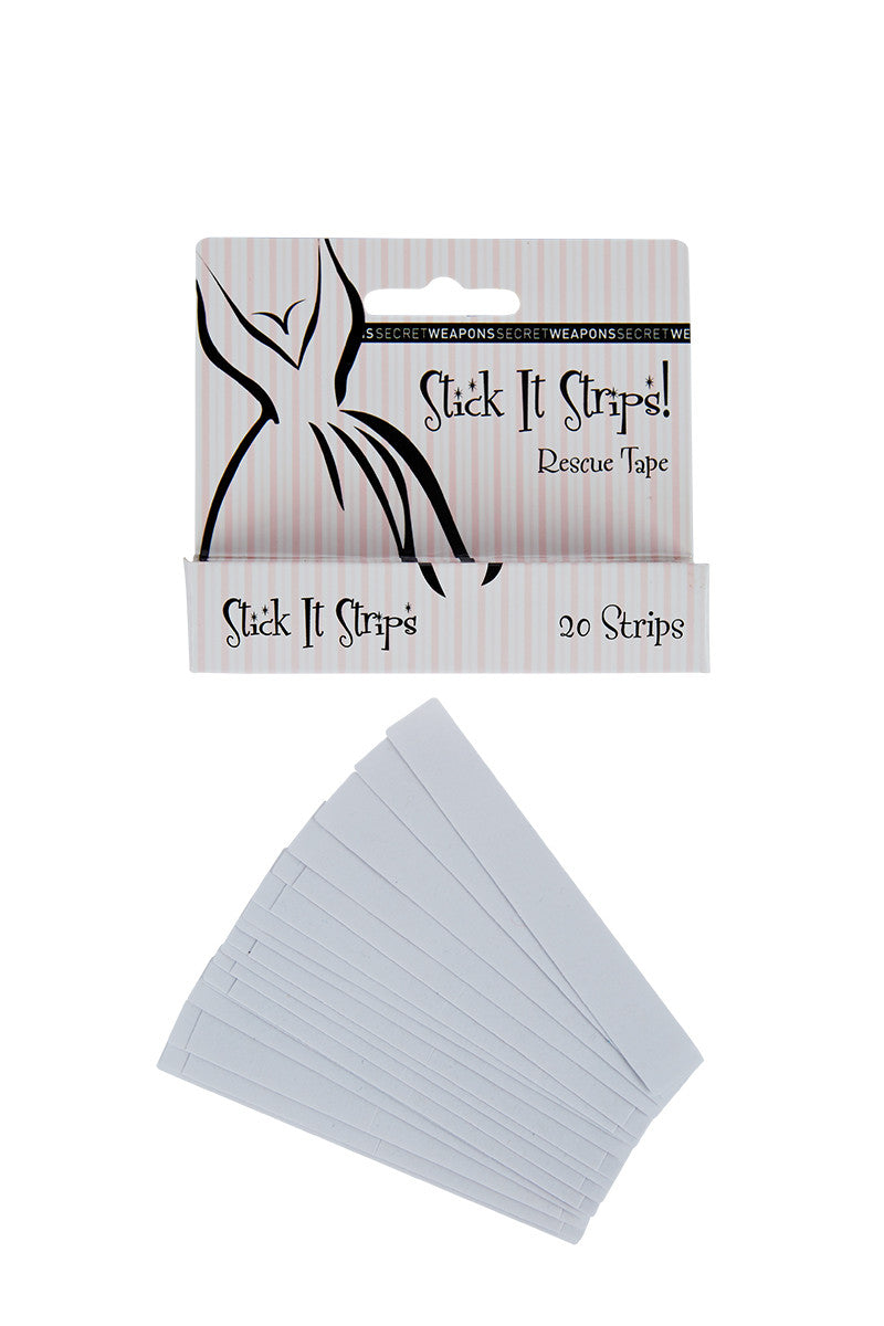A package labeled "Stick It Strips! Rescue Tape" contains 20 adhesive strips, displayed beneath the packaging with a black dress silhouette against a pink striped background.