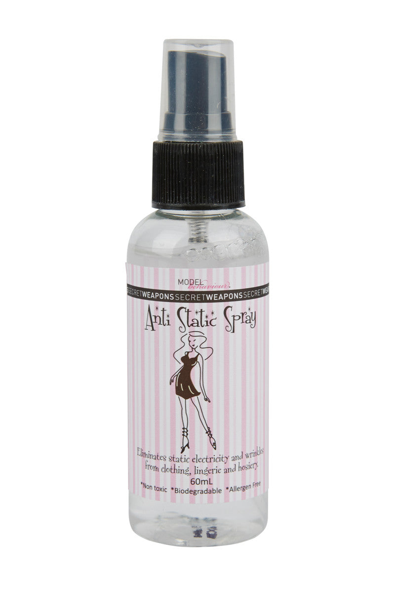 A spray bottle labeled "Anti Static Spray" with black cap and pink-striped label, featuring a silhouette illustration. Text: "Model, Eliminates static electricity and wrinkles from clothing, lingerie, and hosiery. 60mL. *Non-toxic *Biodegradable *Allergen Free."