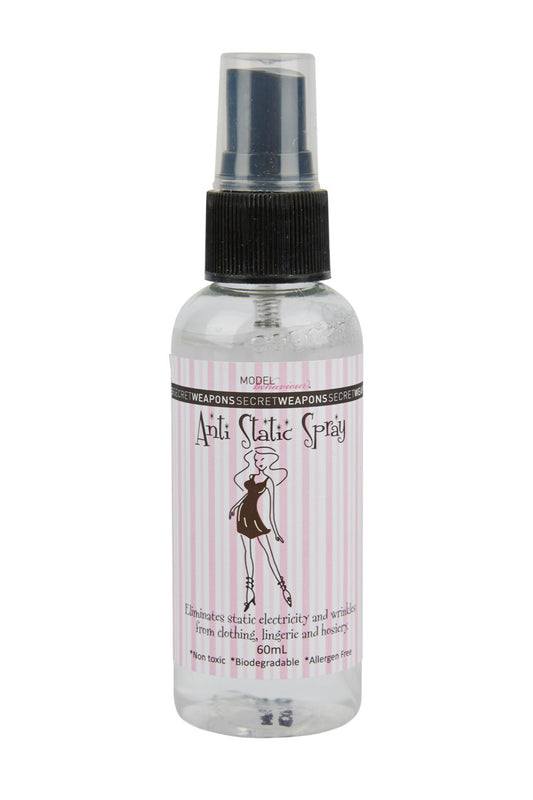 A spray bottle labeled "Anti Static Spray" with black cap and pink-striped label, featuring a silhouette illustration. Text: "Model, Eliminates static electricity and wrinkles from clothing, lingerie, and hosiery. 60mL. *Non-toxic *Biodegradable *Allergen Free."