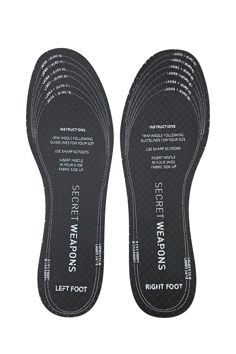 Two black insoles labeled "Secret Weapons" show trimming guidelines for shoe sizes. Instructions read: "Trim insoles following guidelines for your size. Use sharp scissors. Insert insole in your shoe fabric side up."