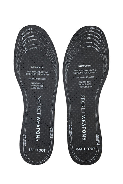 Two black insoles labeled "Secret Weapons" show trimming guidelines for shoe sizes. Instructions read: "Trim insoles following guidelines for your size. Use sharp scissors. Insert insole in your shoe fabric side up."