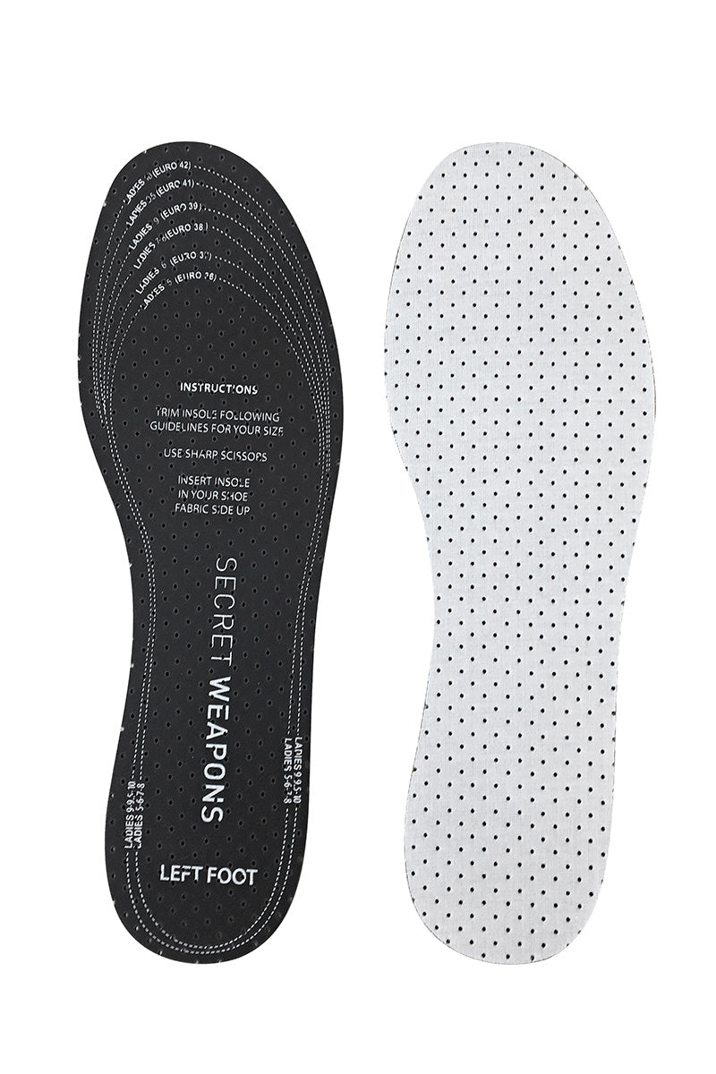 Two shoe insoles; the left has black text and size guidelines, reading “SECRET WEAPONS” and cutting instructions. The right is white with perforations. Both are flat against a white background.